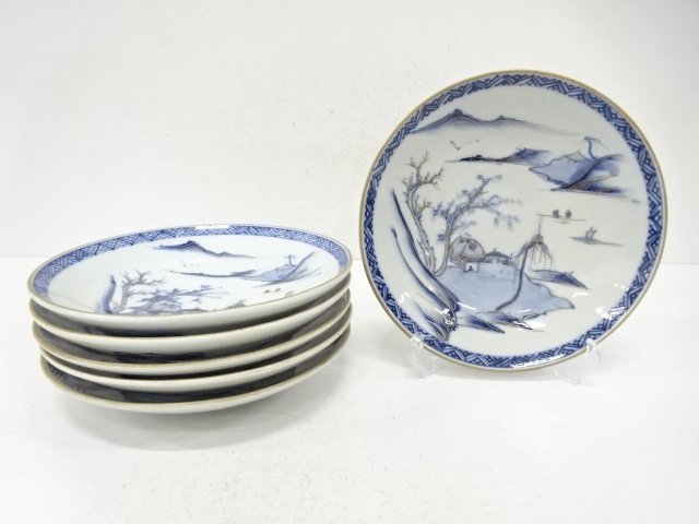 Kutani ware of a set of six eight-sided plates, landscape